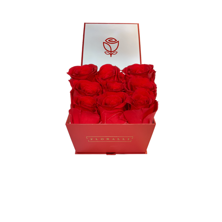Square Red Box With 9 Roses