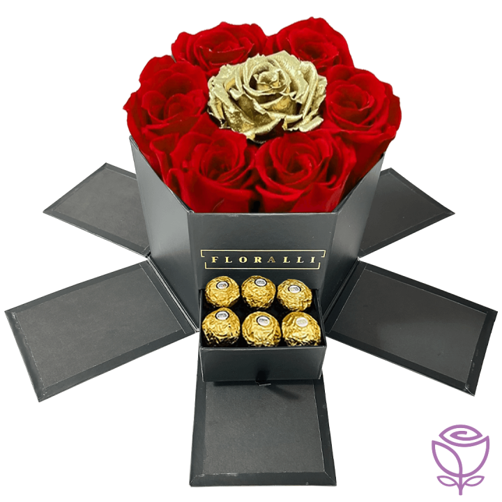 Hexagon Box With 12 Roses an Chocolate